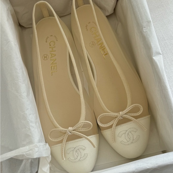 CHANEL Shoes - CHANEL Cream and Ivory Cap-Toe Ballet Flats